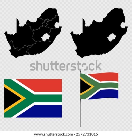 Set of maps, flag and flagpole of South Africa. Vector illustration.