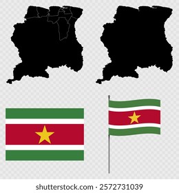 Set of maps, flag and flagpole of Suriname. Vector illustration.