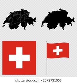 Set of maps, flag and flagpole of Switzerland. Vector illustration.