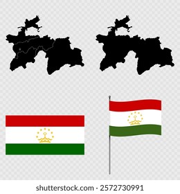 Set of maps, flag and flagpole of Tajikistan. Vector illustration.