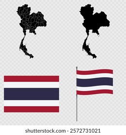 Set of maps, flag and flagpole of Thailand. Vector illustration.