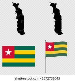 Set of maps, flag and flagpole of Togo. Vector illustration.