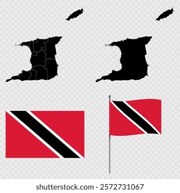 Set of maps, flag and flagpole of Trinidad and Tobago. Vector illustration.