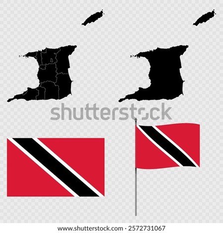 Set of maps, flag and flagpole of Trinidad and Tobago. Vector illustration.