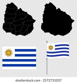 Set of maps, flag and flagpole of Uruguay. Vector illustration.