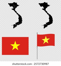 Set of maps, flag and flagpole of Vietnam. Vector illustration.