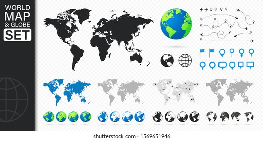 Set of Maps and Globes. Pins, airplane, location, plane, globe icons. Planet with continents. Business infographics elements. Vector illustration.