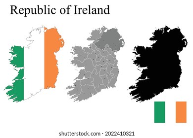 Set of maps of Ireland with regions. Flag on the map. Silhouette of the card. Vector illustration