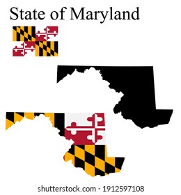 Set of maps of Maryland (USA). Flag on the map. Silhouette of the card. Vector illustration