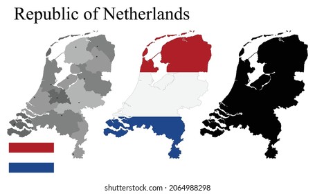 Conjunto de mapas de los Países Bajos con regiones. Marca en el mapa. Silhouette de la tarjeta. Ilustración del vector