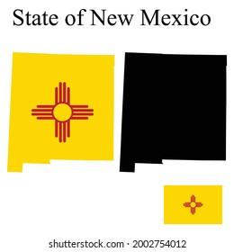 Set of maps of New Mexico (USA). Flag on the map. Silhouette of the card. Vector illustration