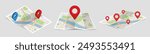 Set of maps with pin. Icons with folded city map and red direction pointer. GPS navigation, route movement and location search. Realistic 3D vector illustration collection isolated on background