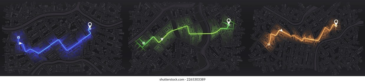 Set of maps with route distance data, path turns and destination tag or mark. Town roadmap. City top view. Hi-tech vector background.