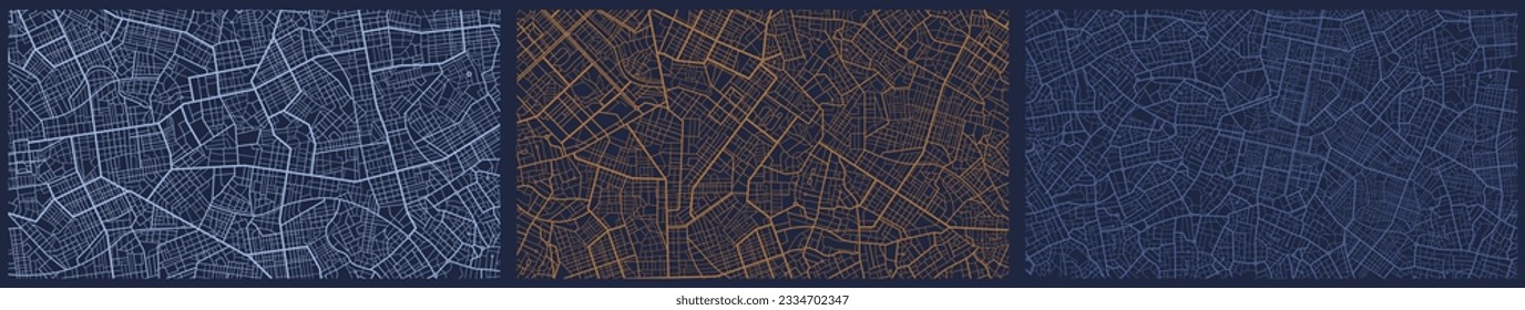 Set of maps with route distance data, path turns and destination tag or mark. Town roadmap. City top view. Hi-tech vector background.