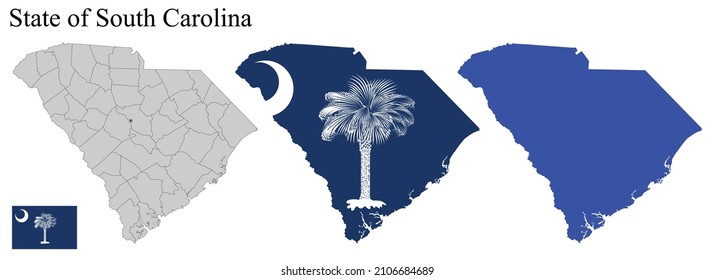 Set of maps of South Carolina (USA). Flag on the map. Silhouette of the card. Vector illustration