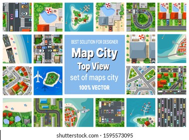 A set of maps top view of the city view from above with city houses, beaches and sea, plane and tourist islands. Stock concept illustration.