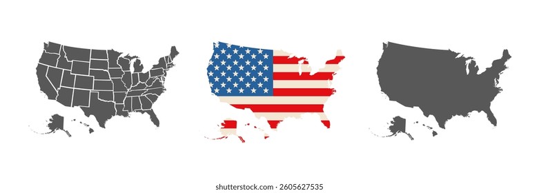 Set of maps of USA. Flag on the map, gray silhouette, line silhouette maps. Vector illustration.