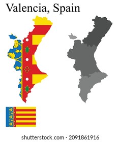 Set of maps of Valencia of Spain. Flag on the map. Silhouette of the card. Vector illustration