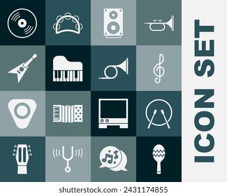 Set Maracas, Drum and drum sticks, Treble clef, Stereo speaker, Grand piano, Electric bass guitar, Vinyl disk and Trumpet icon. Vector