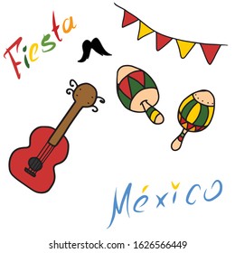 A set of maracas and a guitar.Vector illustration on a white isolated background.Botanical design for postcards and banners.Holiday