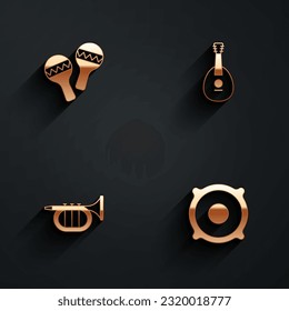 Set Maracas, Mandolin, Trumpet and Stereo speaker icon with long shadow. Vector