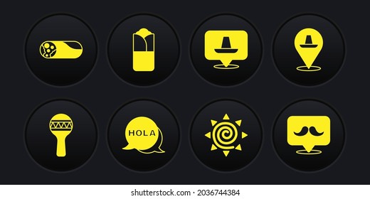 Set Maracas, Mexican sombrero, Hola, Sun, Burrito, Mustache and  icon. Vector