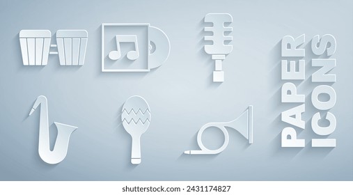 Set Maracas, Microphone, Musical instrument saxophone, Trumpet, Vinyl disk and Drum icon. Vector