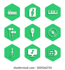 Set Maracas, Music note, tone, Vinyl disk, Guitar, Air headphones, synthesizer and Sound mixer controller icon. Vector