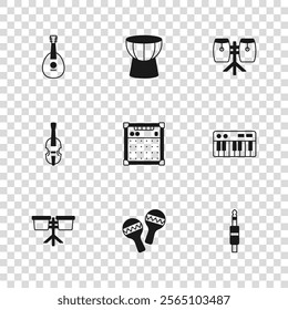 Set Maracas, Music synthesizer, Audio jack, Guitar amplifier, Conga drums, Mandolin, African darbuka and Violin icon. Vector