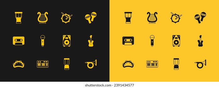 Set Maracas, Music synthesizer, Stereo speaker, African djembe drum, Microphone, Drum with sticks, percussion and Ancient Greek lyre icon. Vector