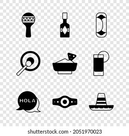 Set Maracas, Tabasco sauce, Burrito, Hola, Wrestling championship belt, Mexican sombrero, Gong and Nachos bowl icon. Vector