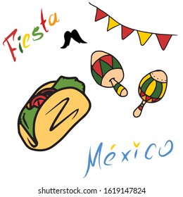 A set of maracas and tacos. Vector illustration on a white isolated background.Botanical design for postcards and banners.Holiday