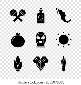 Set Maracas, Tequila bottle, Map of mexican, Corn, Poncho, Hot chili pepper pod, Tomato and Mexican wrestler icon. Vector