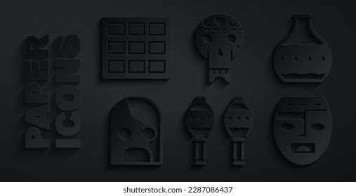 Set Maracas, Tequila bottle, Mexican wrestler, Aztec mask, skull and Chocolate bar icon. Vector