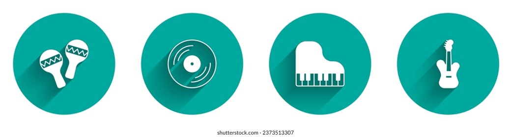 Set Maracas, Vinyl disk, Grand piano and Electric bass guitar icon with long shadow. Vector