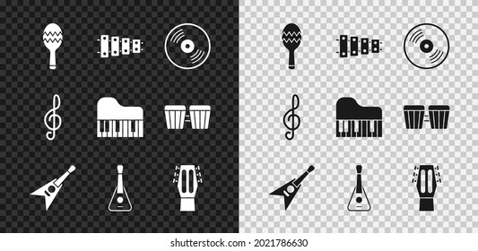 Set Maracas, Xylophone, Vinyl disk, Electric bass guitar, Guitar, Treble clef and Grand piano icon. Vector