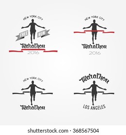 Set of marathon logotypes, long distance running and competition. Run club logos. Running man silhouette crossing the finish red tape.