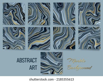 Conjunto de fondos de mármol en tonos azules con venas doradas. Vector.