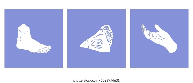 Set of marble Greek part of the statue in a flat style. Hand drawn vector illustration.