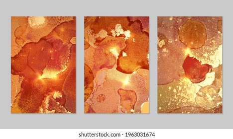 Set of marble patterns. Amber, honey and gold geode textures with glitter. Abstract vector background in alcohol ink technique. Modern paint with sparkles. Backdrops for banner, poster. Fluid art