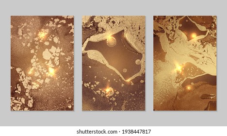 Set of marble patterns. Brown and gold geode textures with glitter