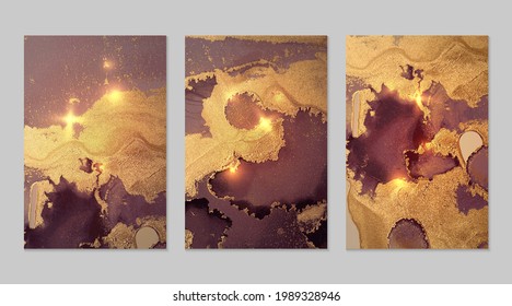 Decoración de mármol. Texturas borgoñas, malvas y de oro geodésica con brillo. Resumen del fondo vectorial en la técnica de tinta alcohólica. Pintura moderna con chispas. Pancartas de fondo, afiche. Arte fluido