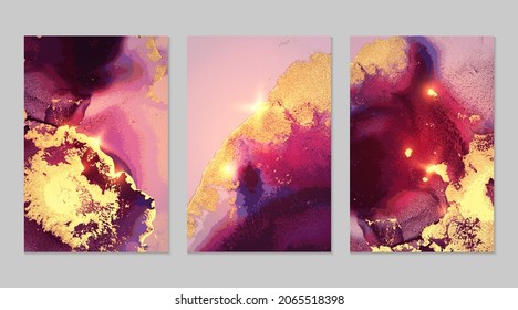 Set of marble patterns. Burgundy, purple and gold geode textures with glitter. Abstract vector background in alcohol ink technique. Modern paint with sparkles. Backdrops for banner, poster. Fluid art