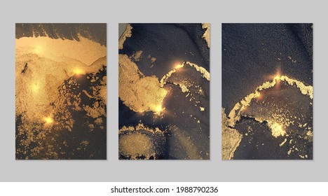 Set of marble patterns. Dark blue, gray and gold geode textures with glitter. Abstract vector background in alcohol ink technique. Modern paint with sparkles. Backdrops for banner, poster. Fluid art