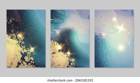 Set of marble patterns. Dark blue and gold geode textures with glitter. Abstract vector background in alcohol ink technique. Modern paint with sparkles. Backdrops for banner, poster. Fluid art