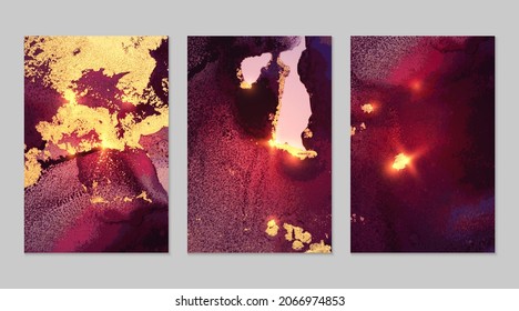 Set of marble patterns. Dark red, purple and gold geode textures with glitter. Abstract vector background in alcohol ink technique. Modern paint with sparkles. Backdrops for banner, poster. Fluid art