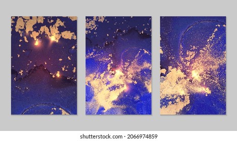 Set of marble patterns. Denim blue, purple and gold geode textures with glitter. Abstract vector background in alcohol ink technique. Modern paint with sparkles. Backdrops for poster. Fluid art