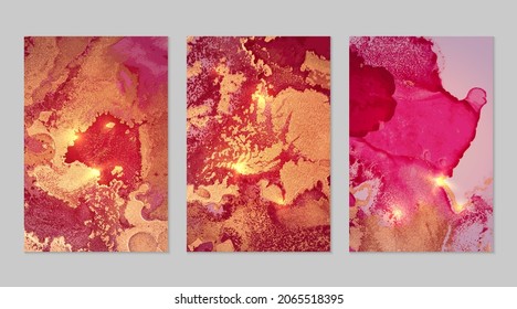 Set of marble patterns. Fuchsia, pink and gold geode textures with glitter. Abstract vector background in alcohol ink technique. Modern paint with sparkles. Backdrops for banner, poster. Fluid art