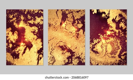 Set of marble patterns. Gold, burgundy, and dark red geode textures with glitter. Abstract vector background in alcohol ink technique. Modern paint with sparkles. Backdrops for poster. Fluid art