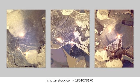 Set of marble patterns. Gold and purple geode textures with glitter. Abstract vector background in alcohol ink technique. Modern paint with sparkles. Backdrops for banner, poster. Fluid art